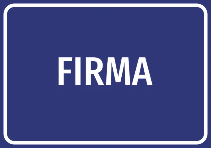 Company name sticker with a graphic design. Simple rectangular shape featuring bold letters.