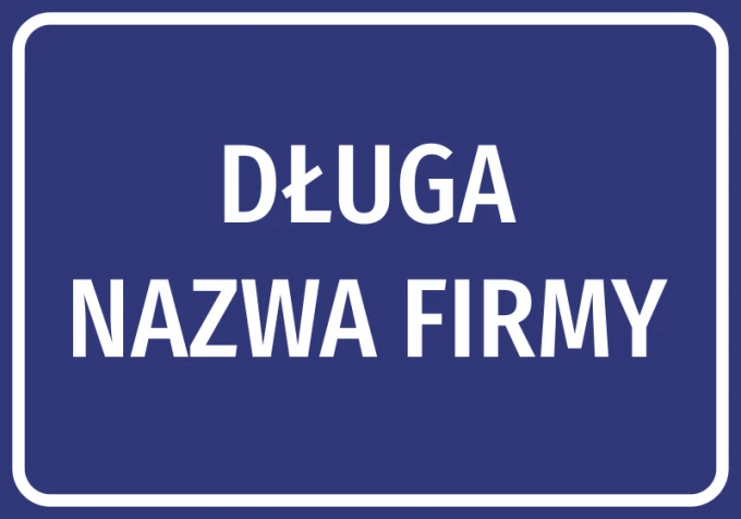 Company name sticker - Graphic design. Simple dark blue rectangular shape.