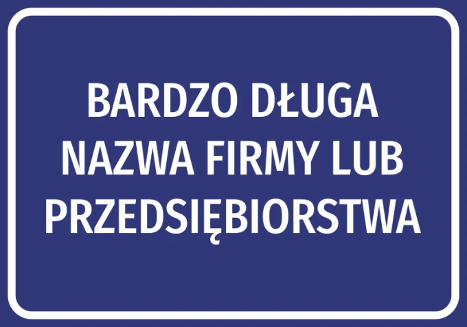 Company name sticker with graphic design. Large white letters on a blue background.