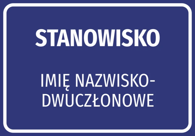Nameplate sticker with name and surname - Graphic design. Rectangle with dark blue background and white text.