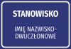 Nameplate sticker with name and surname - Graphic design. Rectangle with dark blue background and white text.