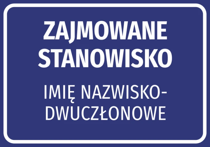 Nameplate sticker with name and surname - Graphic design. Rectangle with white text on dark blue background.