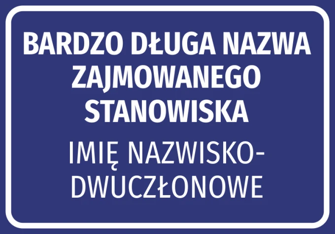 Nameplate sticker with name and surname - Graphic design. Simple rectangle with white text on blue background.