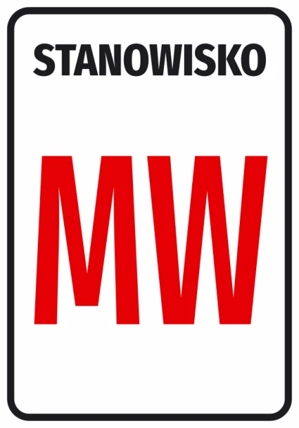 Sticker with position number or letter designation - Graphic design. Black letters on white background, red MW text.