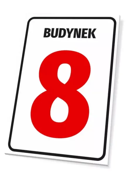 Building sign with number or letter - White plaque featuring large red number 8 and text "Building".