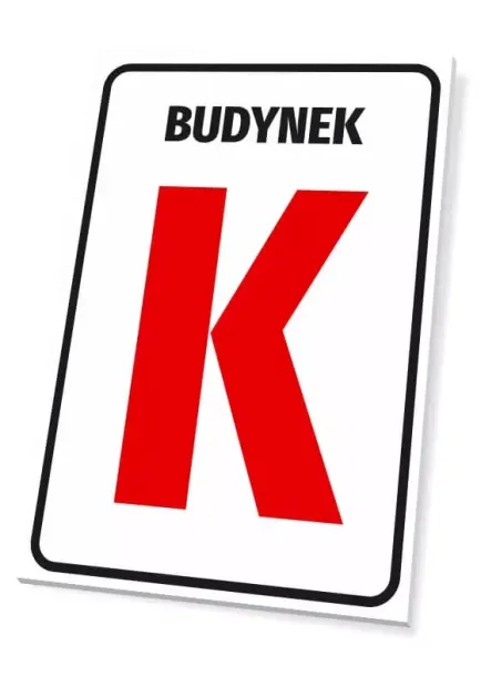 Building plaque with number or letter - Graphic design. Simple plaque featuring a large red letter K on a white background.