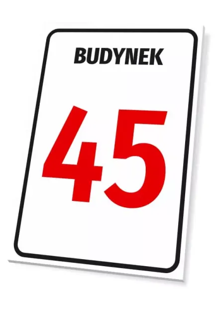 Building sign with number or letter - Graphic design. White plaque with black frame, text BUILDING, and large red.