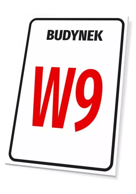 Building sign with number or letter - Graphic design. White sign with black frame, text BUILDING and large number W9.