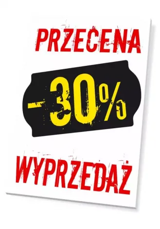 Sale sign, discount percentage - Graphic design. Red text on white background, black label with yellow writing.