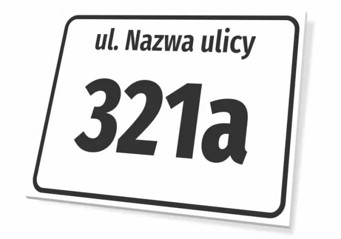 Street and house number sign - Rectangular plaque with a white background, black text, and large numbers.