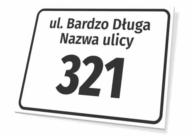 Street and house number sign - Simple design with a white background, black text, and large numbers.