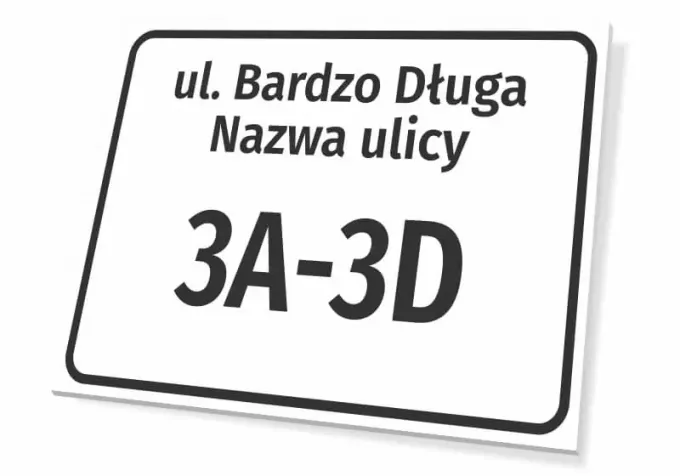 Street and house number plaque - Simple rectangular design with a white background and black text and numbers.