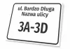 Street and house number plaque - Simple rectangular design with a white background and black text and numbers.