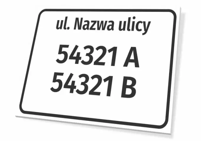 Street and house number plaque - Graphic design. Simple form with large, clear numbers and text on a white background.
