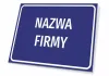 Company name plaque with a graphic design. Rectangular sign with a blue background.