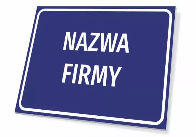 Company name plaque with a graphic design. Rectangular sign with a blue background.