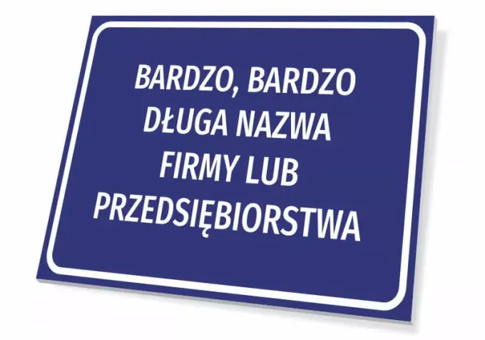 Company name sign - simple rectangular design with a blue background.