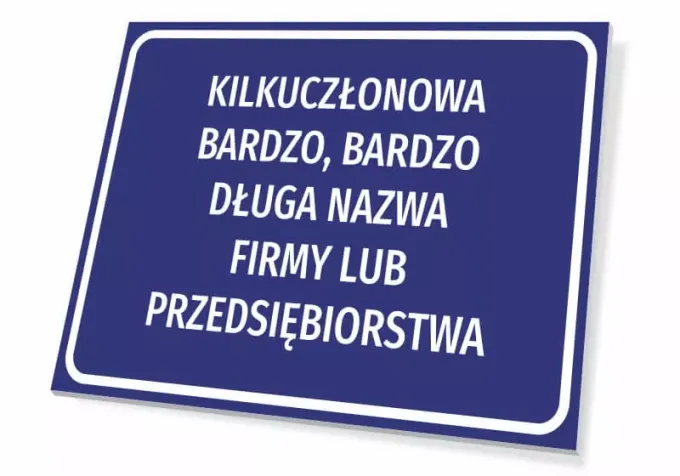Company name plaque - Simple rectangular design with a blue background.