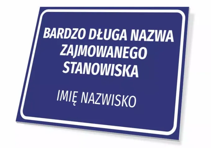 Nameplate with position and name - Graphic design. Rectangular plaque with blue background and white text.