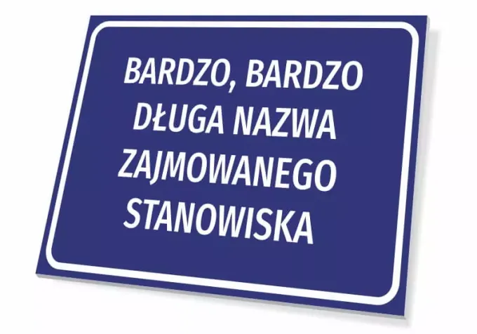 Nameplate - Graphic Design. Rectangular sign with a blue background and white text.