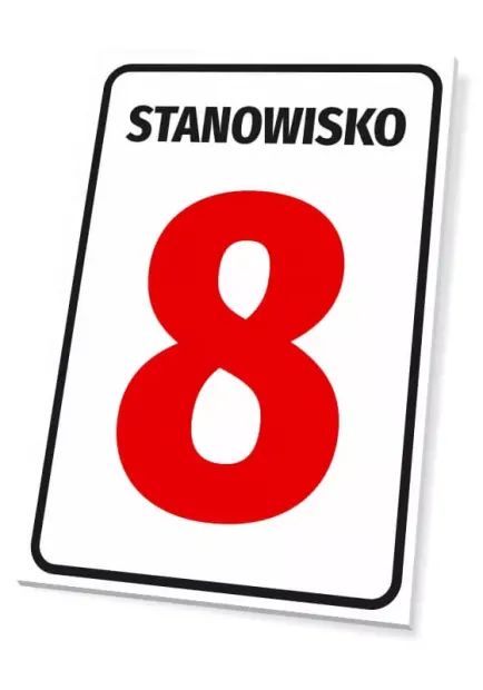 Position number sign or letter designation - Graphic design. Red number 8 on white background with black text.