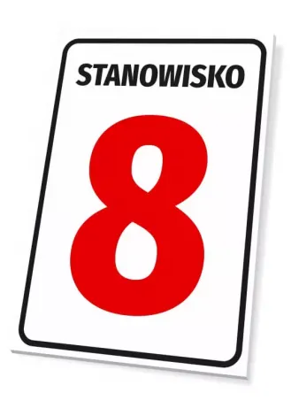 Position number sign or letter designation - Graphic design. Red number 8 on white background with black text.