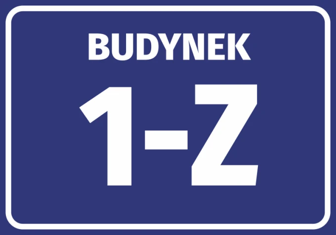 Building sticker with number and letter - Graphic design. Rectangle with blue background, white letters and numbers.