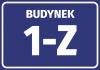 Building sticker with number and letter - Graphic design. Rectangle with blue background, white letters and numbers.