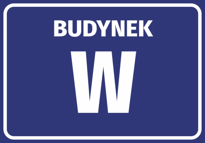 Building sticker with number and letter - Simple graphic design featuring "BUILDING" and letter W on dark blue background.