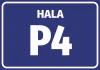 Hall sticker with number and letter designation - Graphic design. Rectangle with dark blue background, white letters and border.