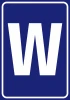 Large white letter W on a navy background within a rectangular frame.