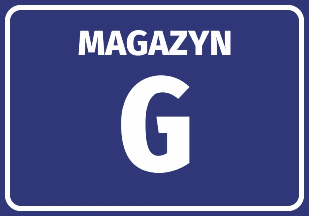 Warehouse sticker with number and letter designation - graphic design. Rectangular sticker with blue background and white text.