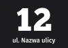 Building sticker with street name and number - Graphic design featuring large number 12 on a dark background.
