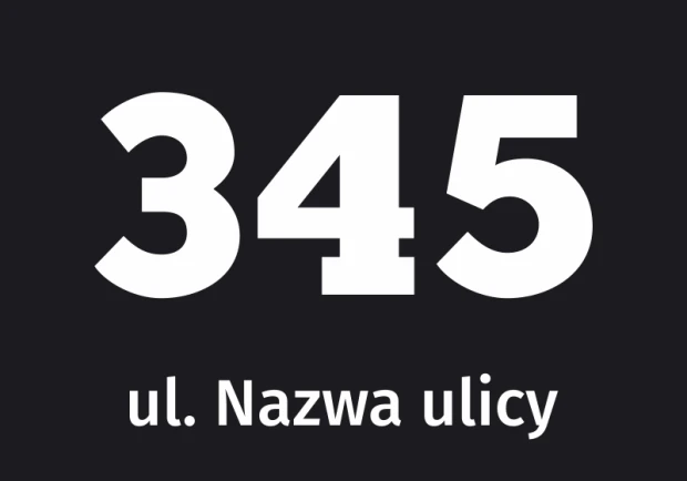 Building sticker with street name and number - Graphic design. Large digits on a dark background with street name text.