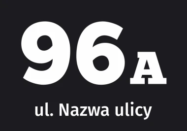Building sticker with street name and number - Graphic design. Large digits and text on a dark background.