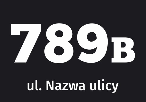 Building sticker with street name and number - Graphic design. Large digits and text on a dark background.