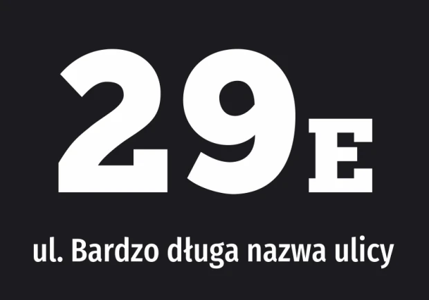 Building sticker with street name and number - Graphic design. Large white numbers and text on a black background.