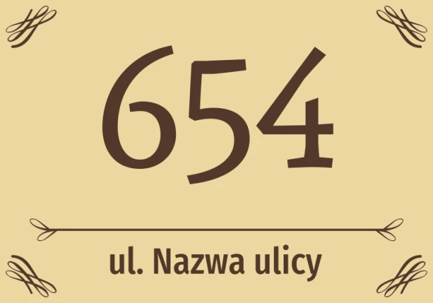 House sticker N665 with number and street - Graphic design. Large, clear digit 654 on a light background with street name.