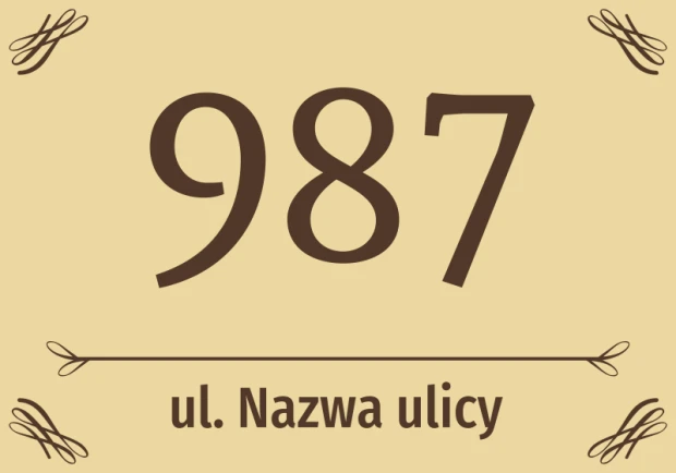 House sticker N665 with number and street - Graphic design. Large digit 987 on a light background, with street name below.