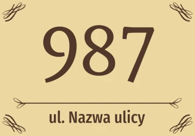 House sticker N665 with number and street - Graphic design. Large digit 987 on a light background, with street name below.
