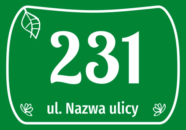 House number sticker, street - Graphic design. Green background with white numbers and text, leaves in corners.