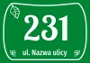 House number sticker, street - Graphic design. Green background with white numbers and text, leaves in corners.