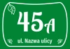House number sticker, street - Graphic design. Green background with white numbers and text, leaves in corners.