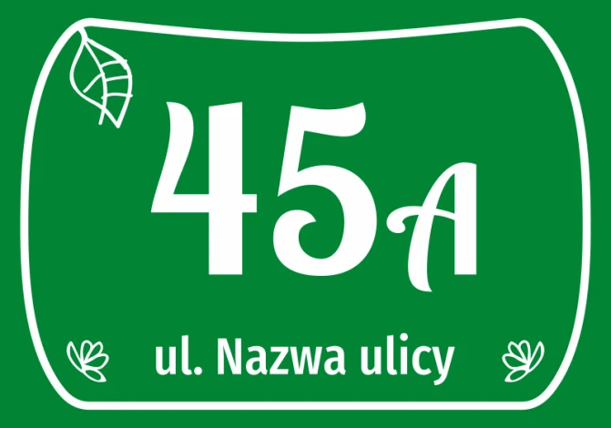 House number sticker, street - Graphic design. Green background with white numbers and text, leaves in corners.