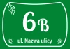 House number sticker, street - Graphic design. Green background with white letters and leaves in the corners.