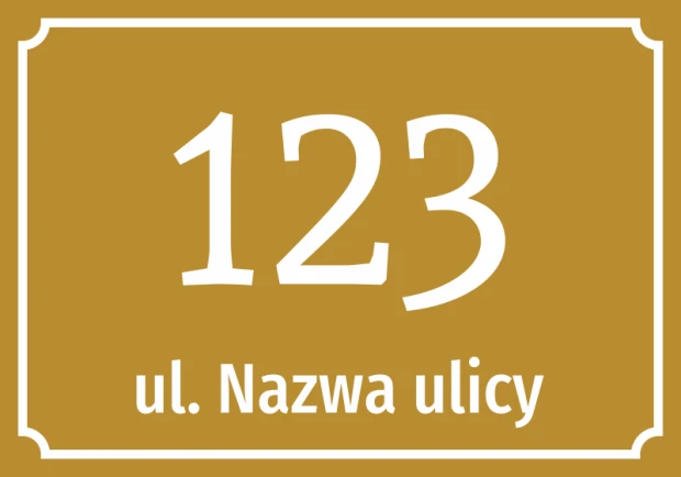 House number sticker with street name - Large number 123 on a gold background, with "Street" and street name below.