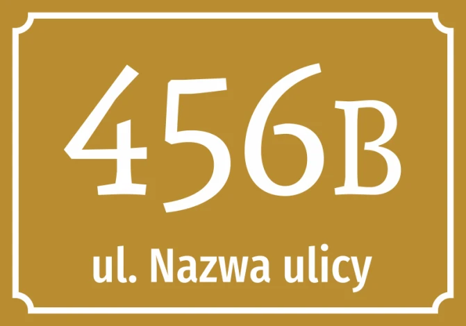 House number sticker with graphic design. Large digit 456B on a gold background with white street name text.