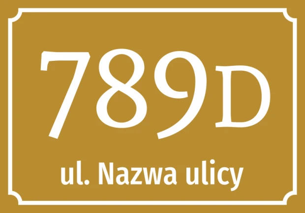 House number sticker, street - Graphic design. Gold background with white numbers and text.