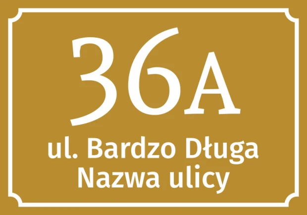 House number sticker, street - Graphic design. Rectangular sticker with white text on a gold background.