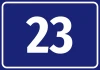Sticker with number - Graphic design. Large digit 23 on a dark blue background with a white border.